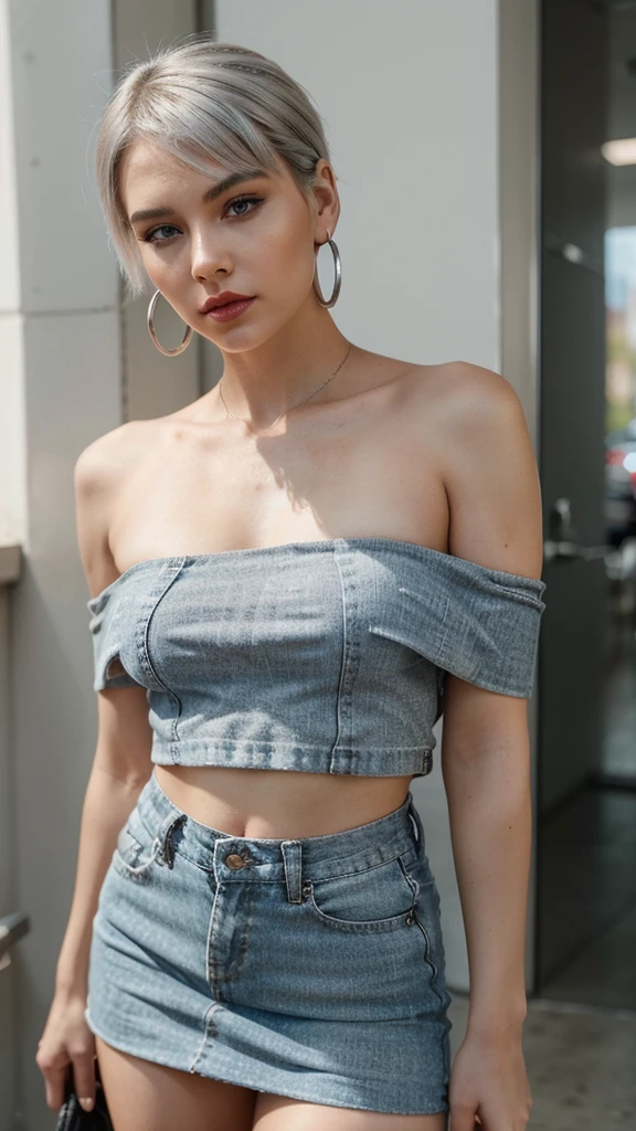 Create an image of a 25-year-old woman with a defiant attitude. She has short, bob-cut silver hair and striking blue eyes. She wears round-framed sunglasses and exudes a confident, almost rebellious aura. Her outfit consists of a white off-shoulder shirt that contrasts sharply with her black mini-skirt. Her makeup is bold, with red eyeshadow accentuating her eyes, a touch of pale red blush on her cheeks, and striking rouge lipstick on her lips. She sports small, round silver earrings. Ensure her stance and expression convey a sense of unapologetic confidence, as if she’s ready to challenge anyone who crosses her path. She should appear self-assured, with a slight smirk and a piercing gaze that suggests she’s not easily intimidated. Her overall look should be chic yet edgy, embodying a strong, modern woman who is unafraid to stand out and assert herself.

This prompt captures the physical description and adds the attitude you specified, providing clear details for an AI image generator to work from.