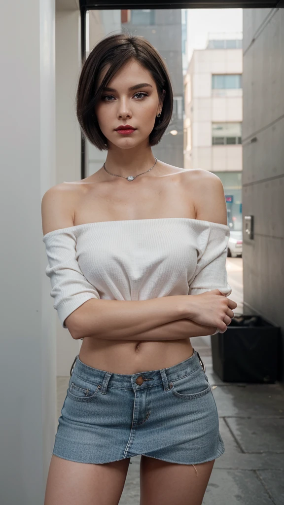 Create an image of a 25-year-old woman with a defiant attitude. She has short, bob-cut silver hair and striking blue eyes. She wears round-framed sunglasses and exudes a confident, almost rebellious aura. Her outfit consists of a white off-shoulder shirt that contrasts sharply with her black mini-skirt. Her makeup is bold, with red eyeshadow accentuating her eyes, a touch of pale red blush on her cheeks, and striking rouge lipstick on her lips. She sports small, round silver earrings. Ensure her stance and expression convey a sense of unapologetic confidence, as if she’s ready to challenge anyone who crosses her path. She should appear self-assured, with a slight smirk and a piercing gaze that suggests she’s not easily intimidated. Her overall look should be chic yet edgy, embodying a strong, modern woman who is unafraid to stand out and assert herself.
This prompt captures the physical description and adds the attitude you specified, providing clear details for an AI image generator to work from.