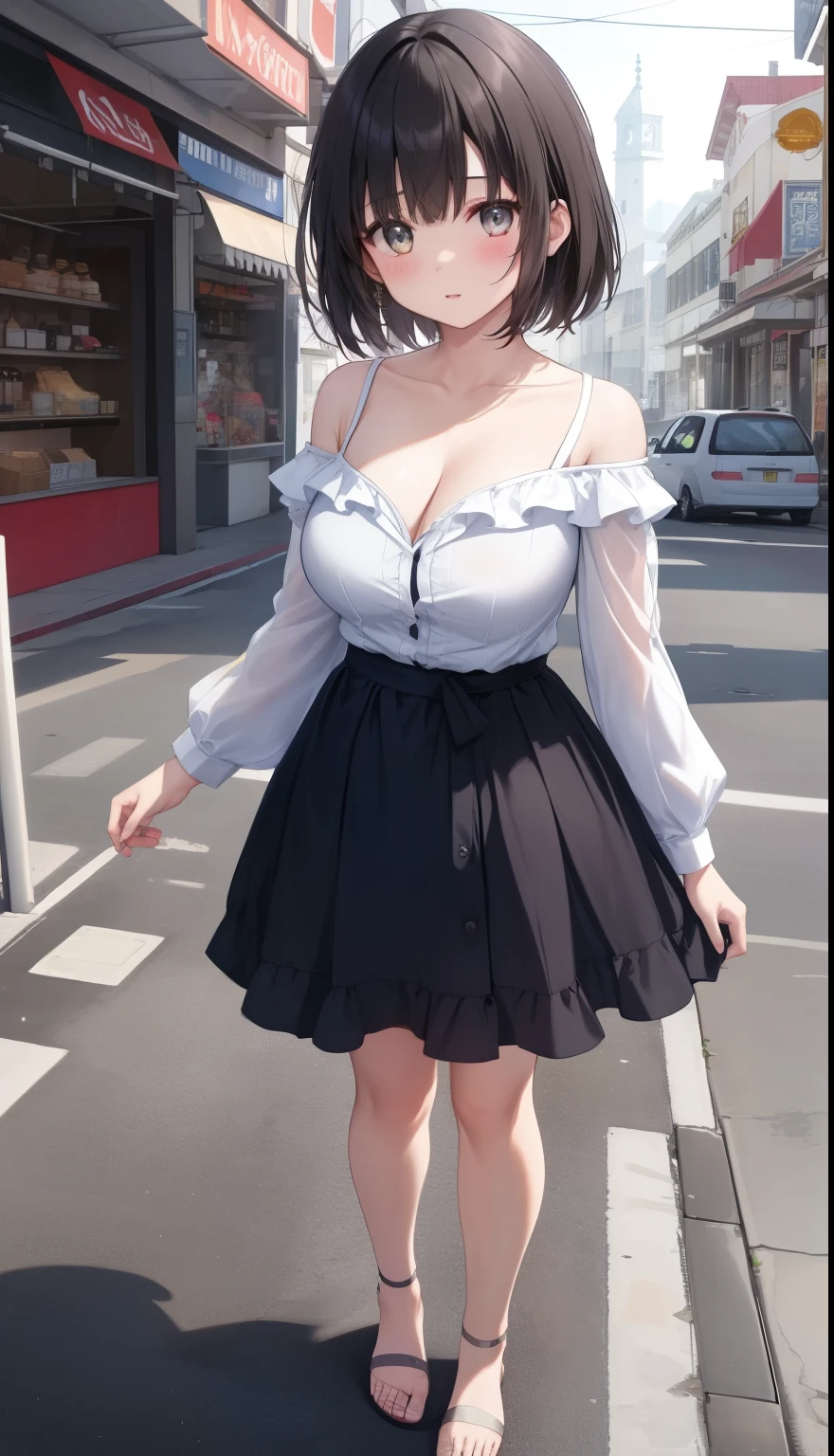 One Girl、positive、Standing posture、Full body portrait、Black Hair、Medium Haircut、blush、Absolute area、No panties、No bra、barefoot、Light blue dress、Off-the-shoulder dress、（Very large breasts）、Cleavage、((Lesbians around the world))、masterpiece、（highest quality） 、Shirt buttons fly off、Unbutton your shirt、Exposing the breasts、In town、Date、Shopping Street、White Sandals、Detailed female genital shape