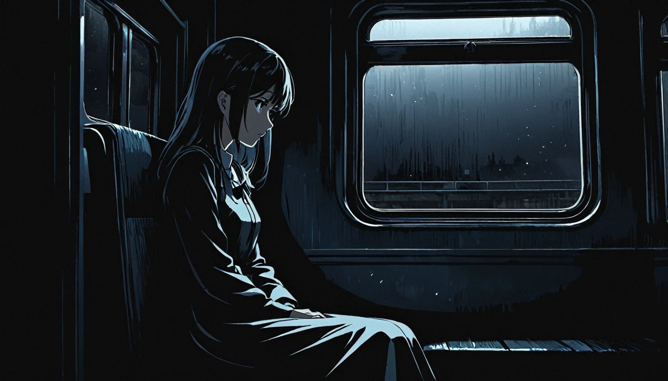 High definition animation. A girl sits inside a dark old train and looks forlornly out her window. It's dark outside the train.