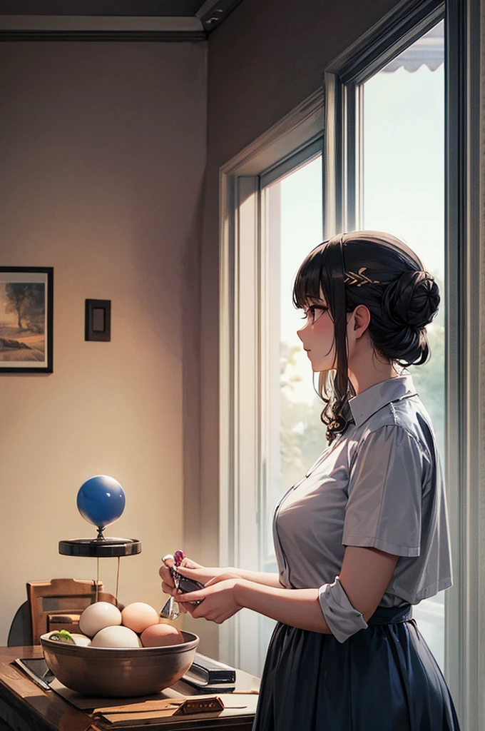 Brownish black hair, Iris, Fair skin, Face like goose eggs, atmosphereのある顔の特徴, expensive, Confidence and strength, Firm and plump, high school girl, , Curly Hair, Hair Bun, With hairpin, Blue Butterfly,, formula quality, mysterious, Light and shadow, Correct Proportions, aesthetics, atmosphere,