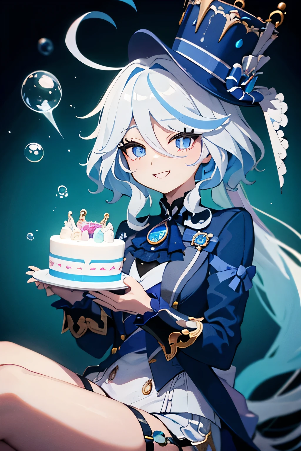 Freena、Blue Top Hat、 cute、Smile proudly、cute background、bubble、Big soap bubble、
Looking at the cake with sparkling eyes