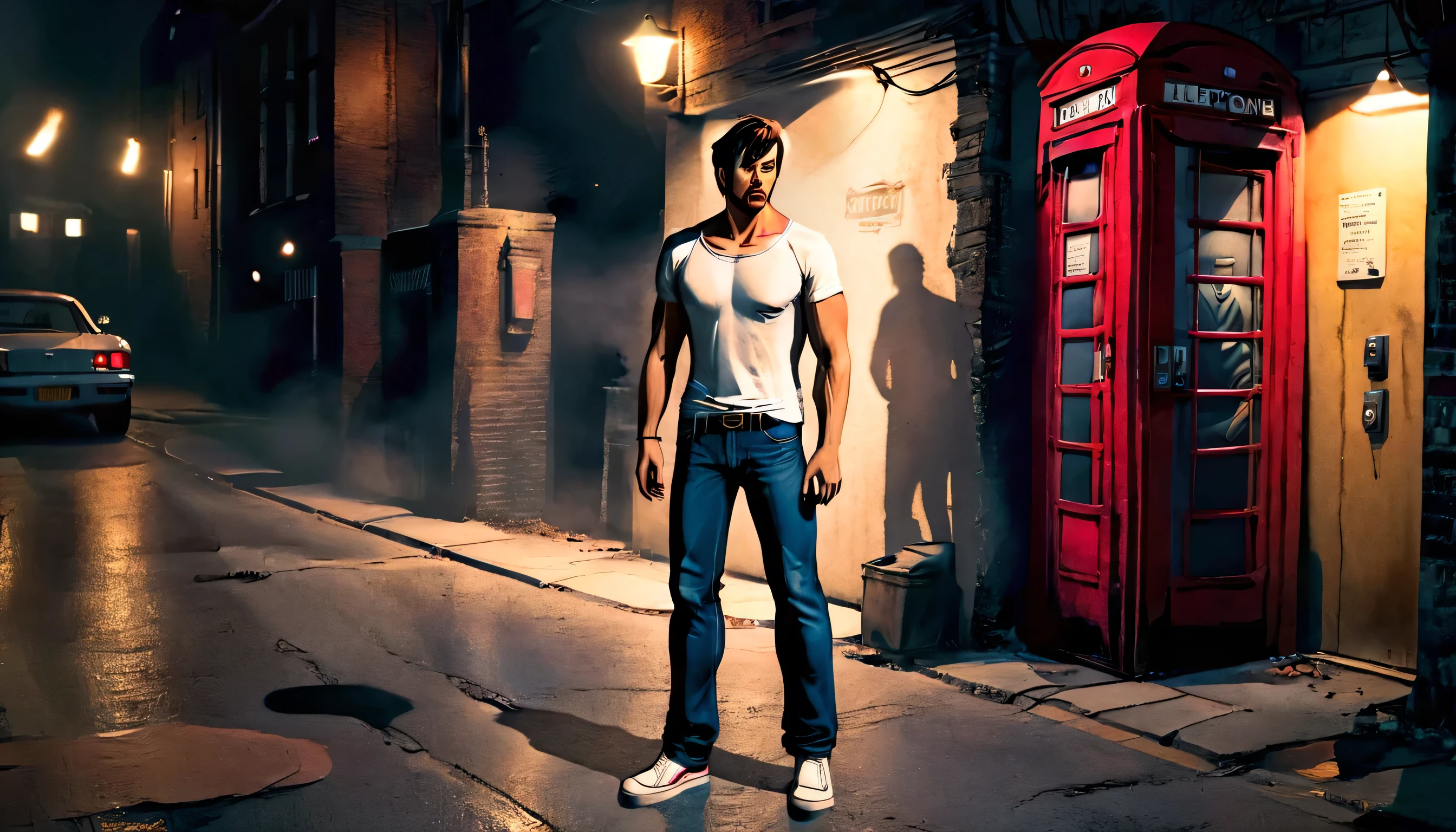 Create a rock music-themed scene set at night. The scene should feature a man standing with his back against a wall on a long street. He is wearing jeans and a white T-shirt, embodying a casual rock style. Across the street, there is an old-fashioned coin telephone box. The street lights should cast a balanced glow, illuminating both the street and the buildings, creating a moody and atmospheric setting. The overall vibe should reflect the essence of rock music with a hint of nostalgia.
