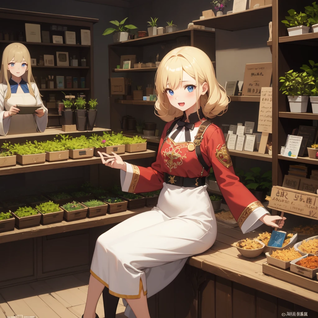 Highest quality、Ultra-high resolution、Fantasy、roleplaying game、Girls under 10 years old、Blonde curly hair、Inside the herb shop