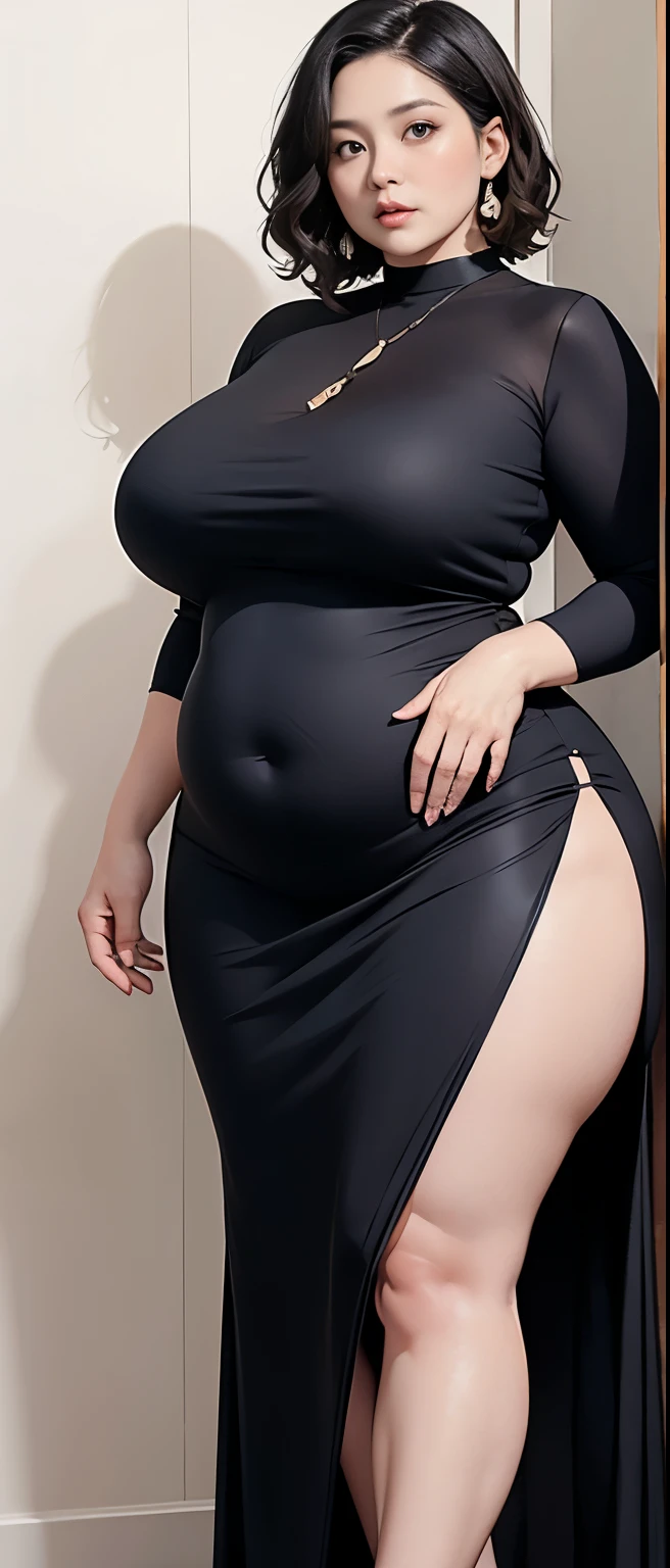 Chubby woman with chubby belly and tight thighs, full body, 50-year-old mature woman, thick hips, thick neck, thick chest, big eyes, wearing a longest dress, wavy short hair, Height 170 cm , full body