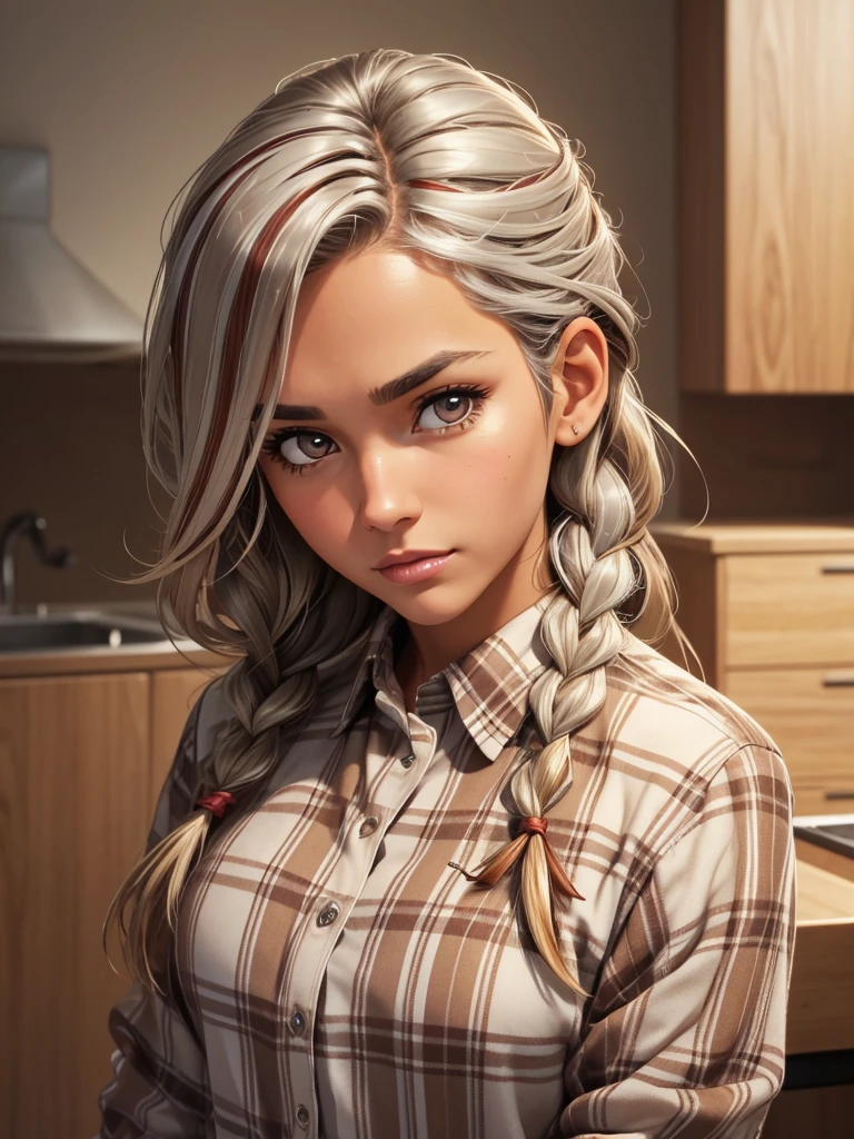 (best quality), 1girl, female, mature, tanned skin, brown hair, (silver streaked hair), medium hair, side braids, brown eyes, perfect eyes, strong jawline, (plaid shirt), masterpiece, anatomically correct, highres