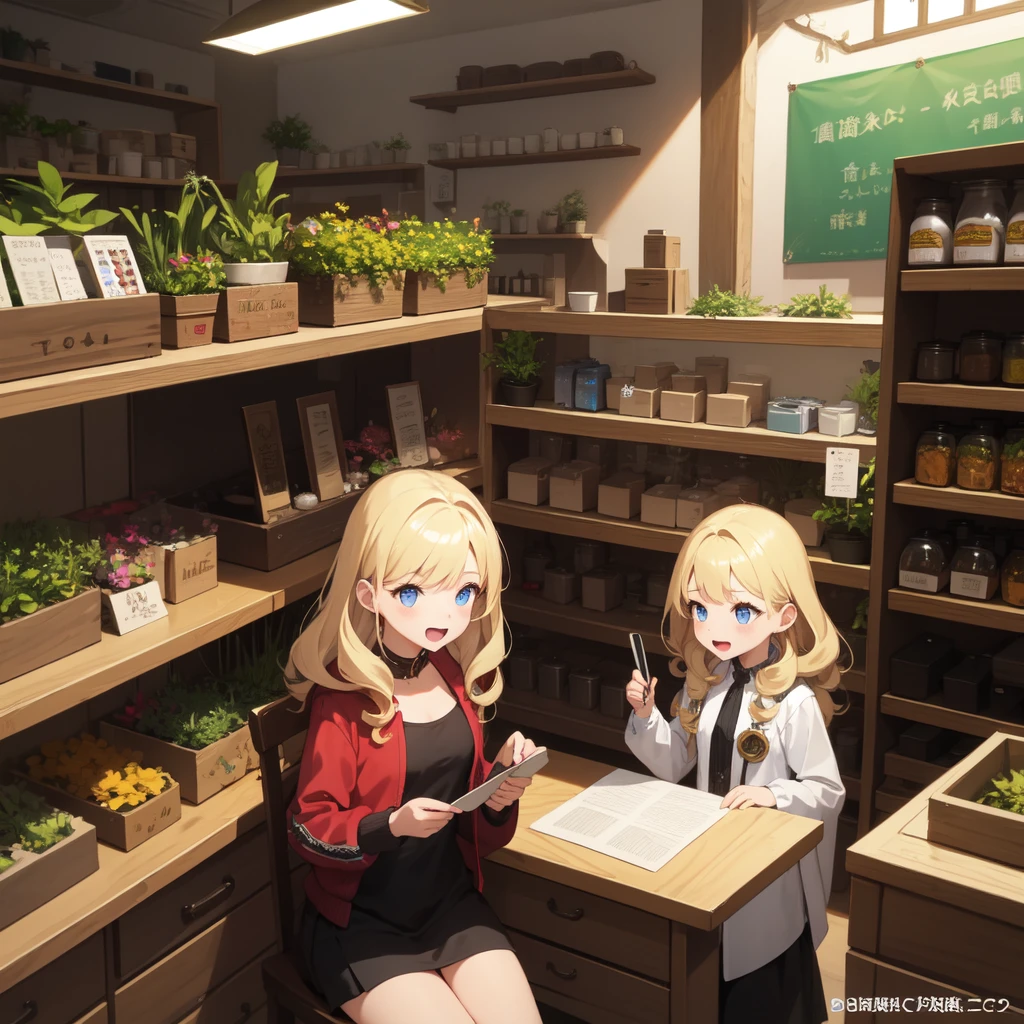 Highest quality、Ultra-high resolution、Fantasy、roleplaying game、Girls under 、Blonde curly hair、Inside the herb shop