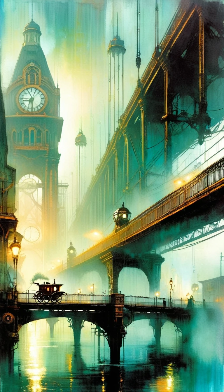 (steampunk:1.5), city street landscape, bridges, fog, art inspired by Bill Sienkiewicz.