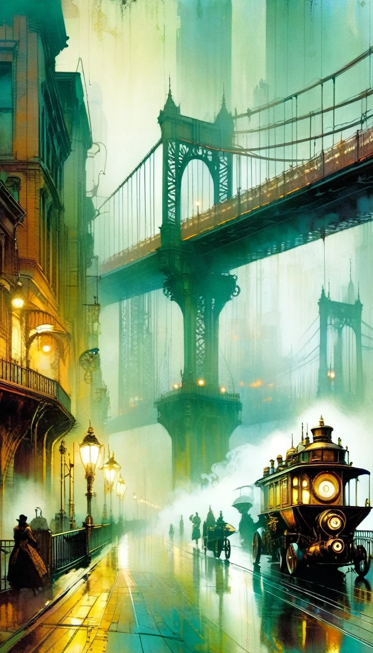 (steampunk:1.5), city street landscape, bridges, fog, art inspired by Bill Sienkiewicz.