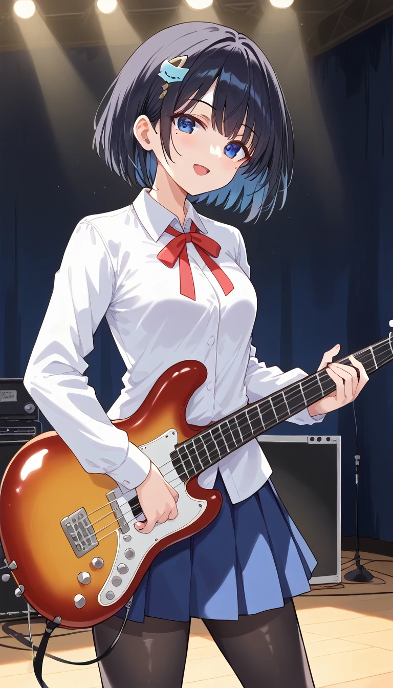 masterpiece, Highest quality, High resolution, aaryo, short hair, hair ornaments, Mole under the eye, Neck ribbon, Collared shirt, (White shirt:1.2), Long sleeve, Pleated skirt, Blue Skirt, Black Pantyhose, stage, Are standing, Cowboy Shot, Hold the utensils, Bass guitar, 