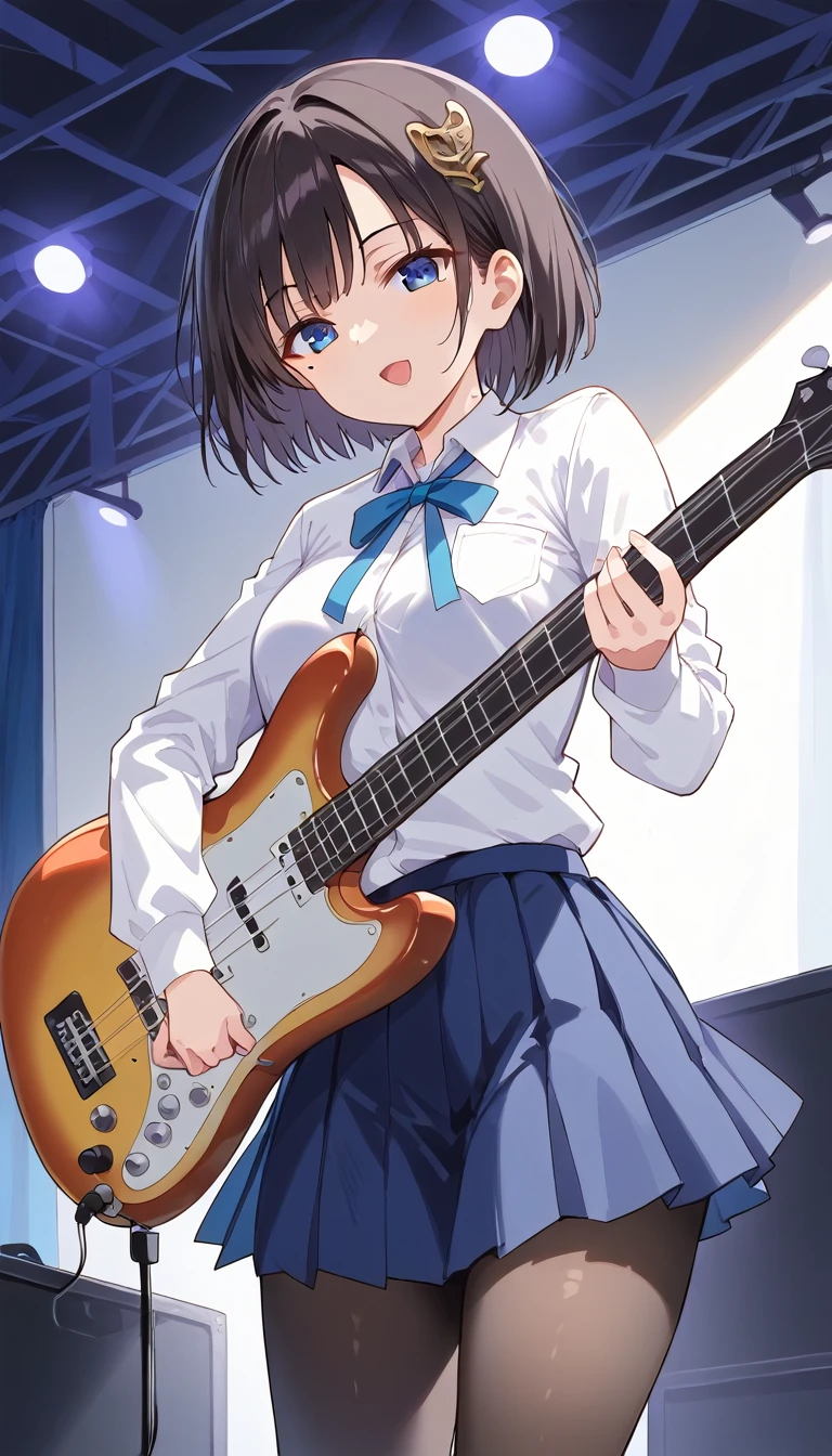 masterpiece, Highest quality, High resolution, aaryo, short hair, hair ornaments, Mole under the eye, Neck ribbon, Collared shirt, (White shirt:1.2), Long sleeve, Pleated skirt, Blue Skirt, Black Pantyhose, stage, Are standing, Cowboy Shot, Hold the utensils, Bass guitar, 