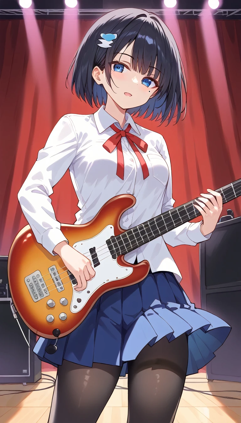 masterpiece, Highest quality, High resolution, aaryo, short hair, hair ornaments, Mole under the eye, Neck ribbon, Collared shirt, (White shirt:1.2), Long sleeve, Pleated skirt, Blue Skirt, Black Pantyhose, stage, Are standing, Cowboy Shot, Hold the utensils, Bass guitar, 