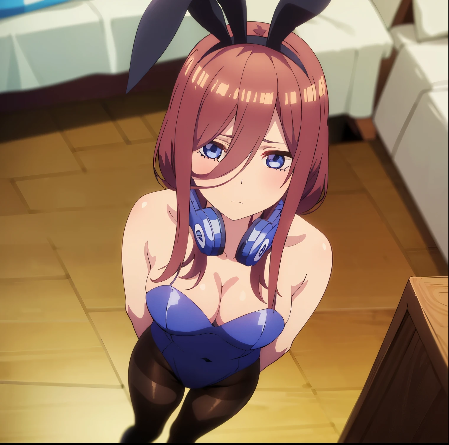 1 girl, alone, miku nakano, headphones around neck, blue headphones,((playboy  outfit)), (black outfit)),((cleavage)),(( shoulders)), ((black pantyhose)) , barefoot, alone, brown hair, blue eyes, long hair, hair between eyes, blue eyes, detailed eyes, closed mouth, looking at viewer, bangs, standing, dynamic posture, curvy body, , medium waist,  wide, wide thighs, round , interior, Japanese house, bedroom, looking front, focus on , point of view (from above), standing, best quality, ultra detailed, masterpiece, perfect , perfect hands