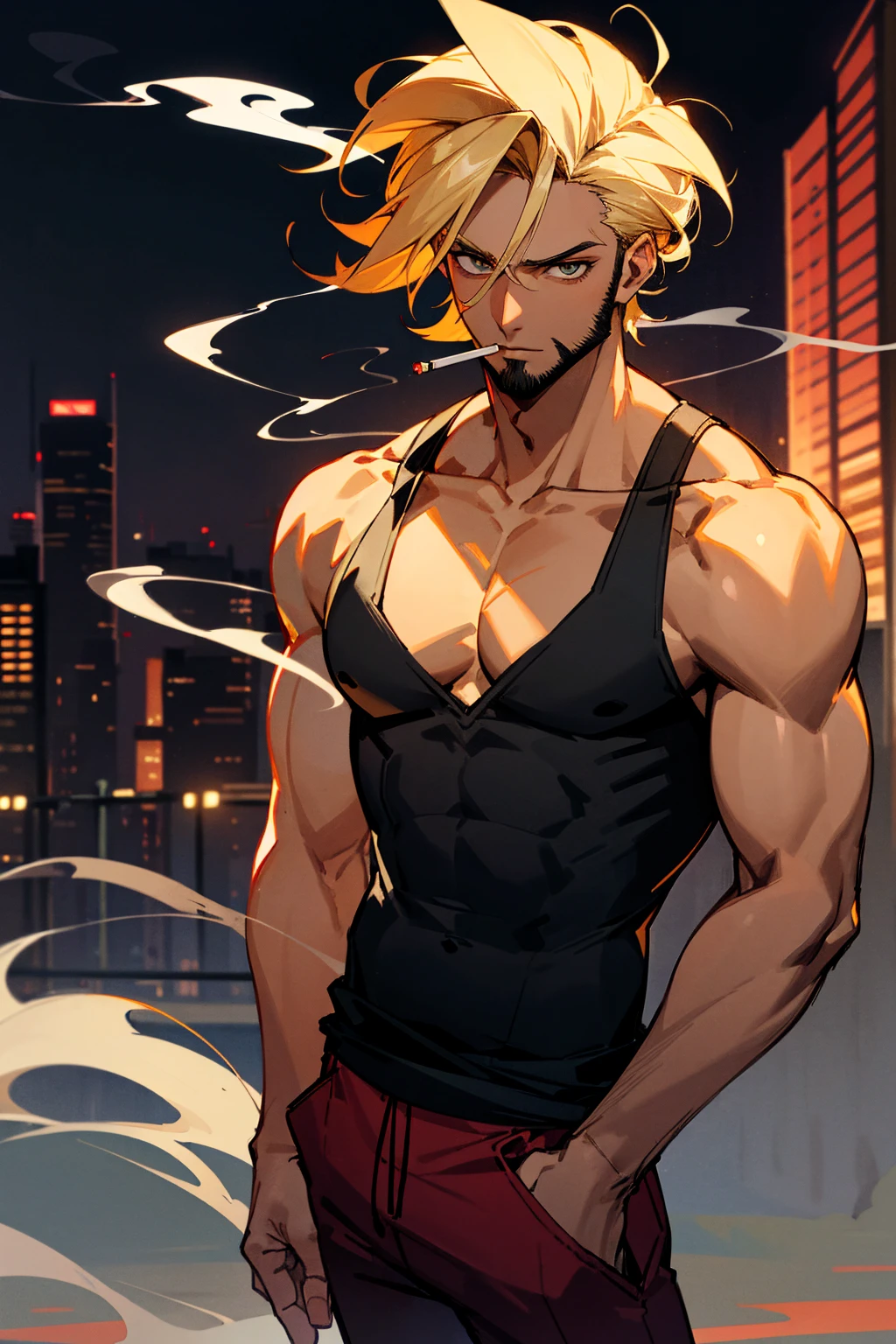 1male, dark skin, blond scruffy hair, beard, expressionless, black tanktop, smoking cigarette, red pants, city background, detailed background, hands to side, standing on path