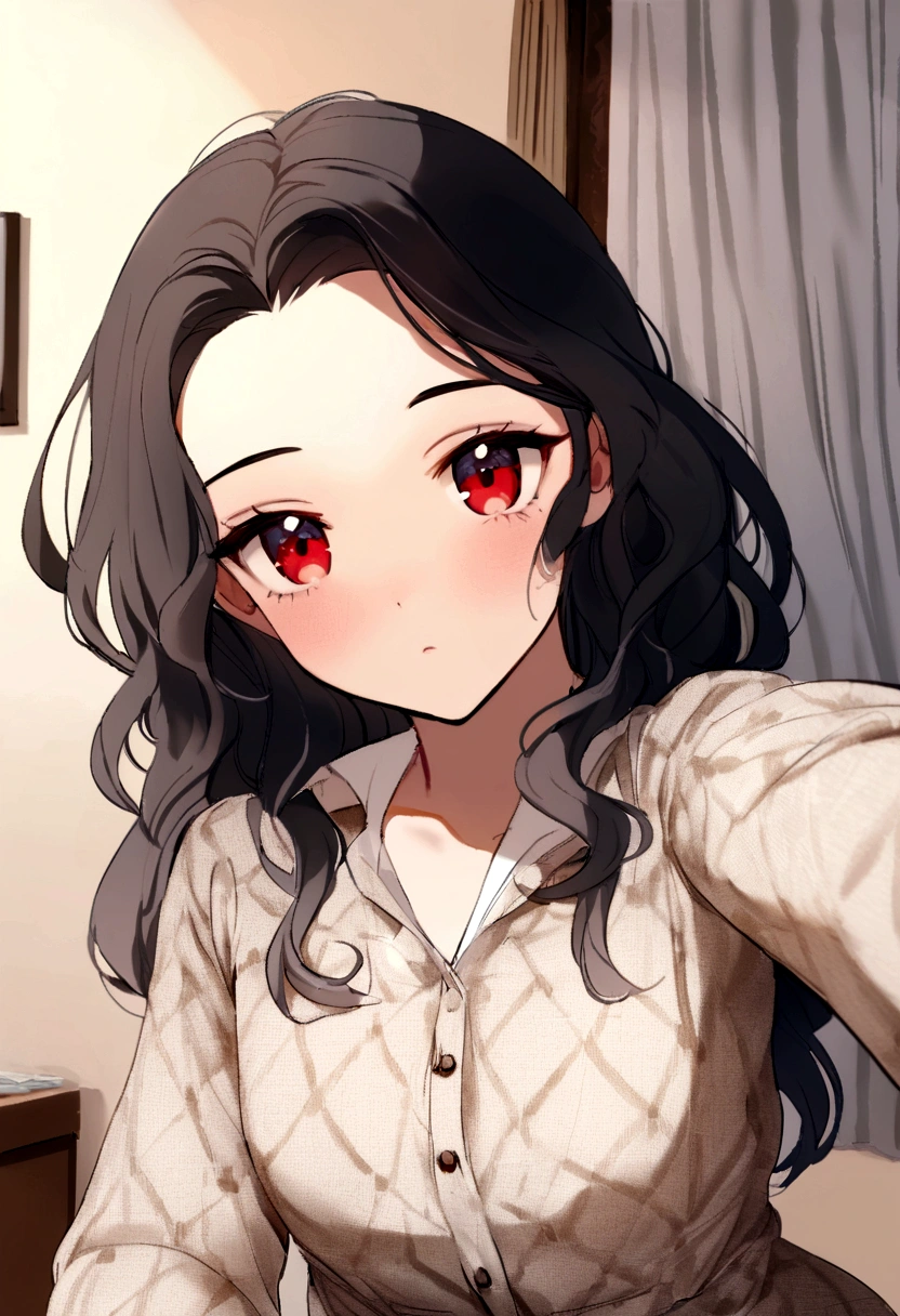 Femme arafée avec des vêtements noirs, fille sexy aux yeux marrons, Portrait de Sophie Mudd, cheveux bruns et grands yeux, selfie d'une jeune femme, yeux de la chambre, violette myers, sans maquillage, maquillage naturel, regarder directement la caméra, visage avec artgram, maquillage subtil, Superbe photo de tout le corps, dans la chambre, clivage