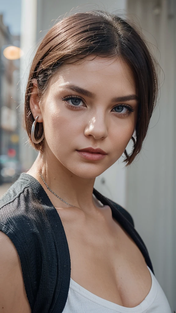 Create an image of a 25-year-old woman with a defiant attitude. She has short, bob-cut silver hair and striking blue eyes. She wears round-framed sunglasses and exudes a confident, almost rebellious aura. Her outfit consists of a white off-shoulder shirt that contrasts sharply with her black mini-skirt. Her makeup is bold, with red eyeshadow accentuating her eyes, a touch of pale red blush on her cheeks, and striking rouge lipstick on her lips. She sports small, round silver earrings. Ensure her stance and expression convey a sense of unapologetic confidence, as if she’s ready to challenge anyone who crosses her path. She should appear self-assured, with a slight smirk and a piercing gaze that suggests she’s not easily intimidated. Her overall look should be chic yet edgy, embodying a strong, modern woman who is unafraid to stand out and assert herself.
This prompt captures the physical description and adds the attitude you specified, providing clear details for an AI image generator to work from.
