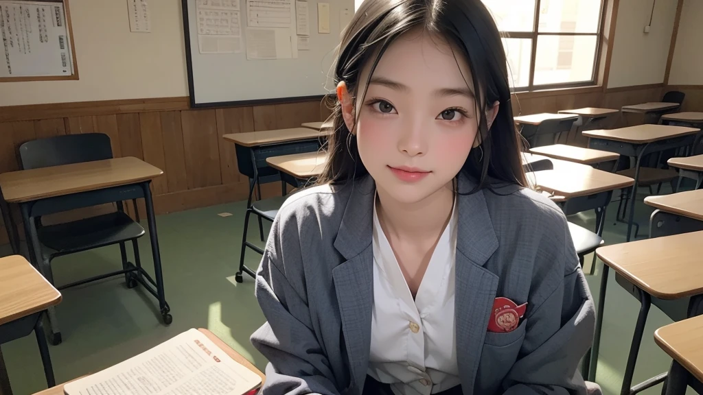 (masterpiece)、(Highest quality: 1.4)、Absurd、[:Intricate details: 0.2]、One woman、SFW、JAV Cover、In the classroom本を持っているスーツを着た女性がいます、In the classroom、teacher、as a strict school teacher 、Japanese High School、blackboard、standing、School Classes、