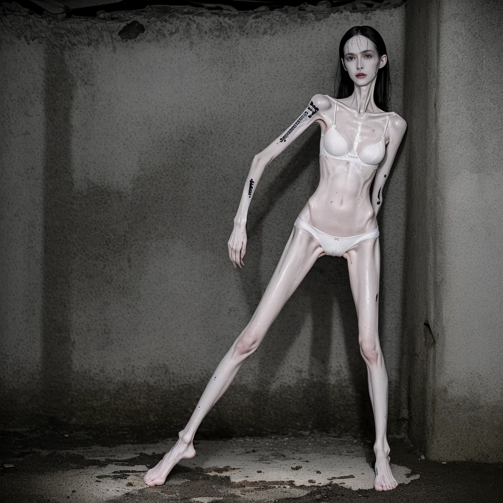 a woman , very thin body, body visible bones, very slender, sweaty wet body, pale white skin, panties, bra,tatto, full body, has a mental breakdown in an underground prison