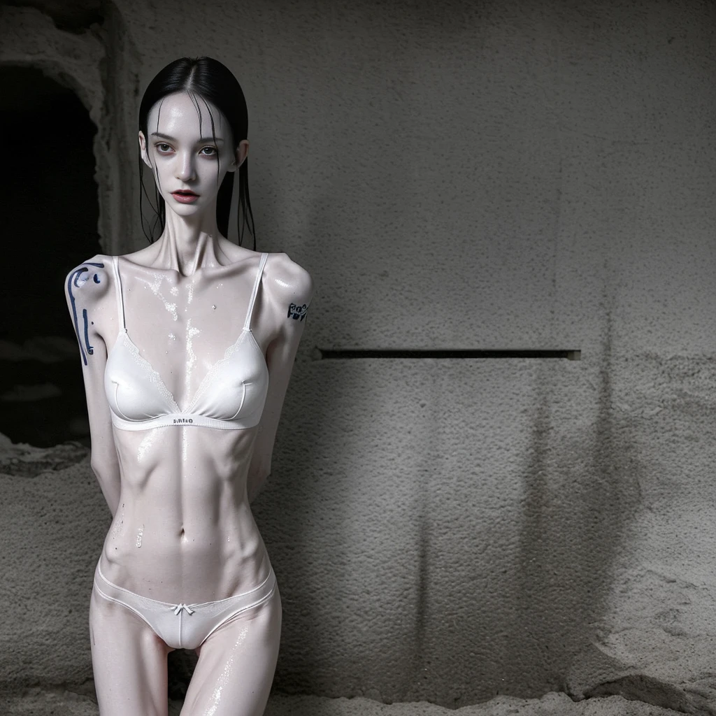 a woman , very thin body, body visible bones, very slender, sweaty wet body, pale white skin, panties, bra,tatto, full body, has a mental breakdown in an underground prison