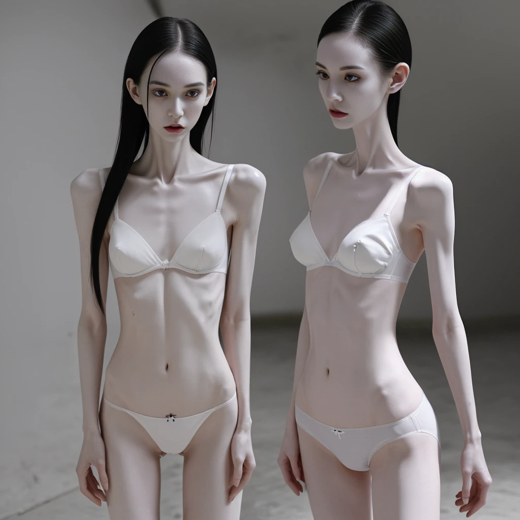 a woman , very thin body, body visible bones, very slender, sweaty wet body, pale white skin, panties, bra,tatto, full body, has a mental breakdown in an underground prison