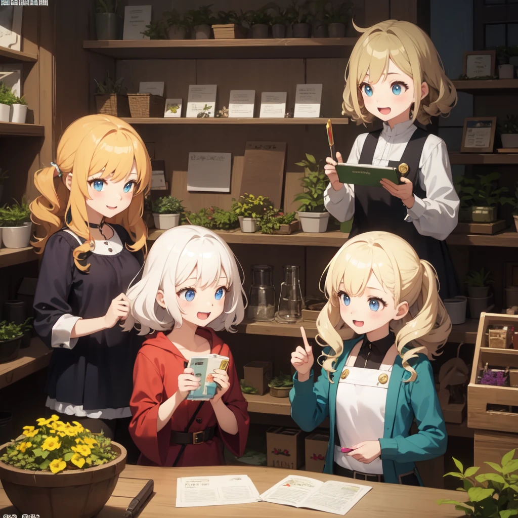 Highest quality、Ultra-high resolution、Fantasy、roleplaying game、Girls under 、Blonde curly hair、Inside the herb shop
