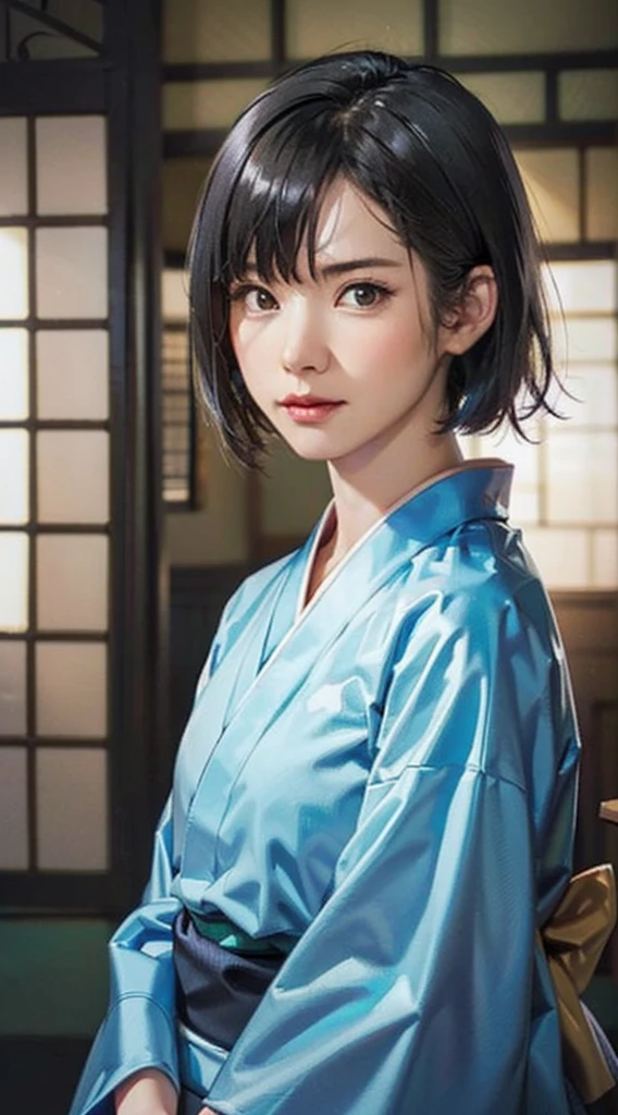 (Realistic)、(Realistic:1.2)、(High resolution)、Very detailed、Very beautiful face and eyes、1 girl、Delicate body、(highest quality、Attention to detail、Rich skin detail)、(highest quality、8k、Oil paint:1.2)、Very detailed、(Realistic、Realistic:1.37)、Bright colors、Full Body Shot,black_hair, Beautiful 8k eyes,Looking_in_Audience,One person in,Are standing,((Very beautiful woman, Fuller lips, Japanese pintern kimono))、((Colorful Japanese kimono)))、(((blackhair)))、(((Blunt bung,short hair)))、((( Inside an old Japanese house with a (short focus :1.4),)))、(masterpiece, highest quality, highest quality, Official Art, beautifully、aesthetic:1.2),(Fractal Art:1.3),Sengoku period、Greg Rutkowski Written by Alphonse Mucha Ropp,short ,uchikake,nishijin ori,(realistic light and shadow), (real and delicate background),(muted colors, dim colors, soothing tones:1.3), low saturation, (hyperdetailed:1.2), (noir:0.4),drow,blurry_light_background, (vibrant color:1.2), cinematic lighting, ambient lighting,Single Shot,Shallow Focus,pink lip,blurry light background,