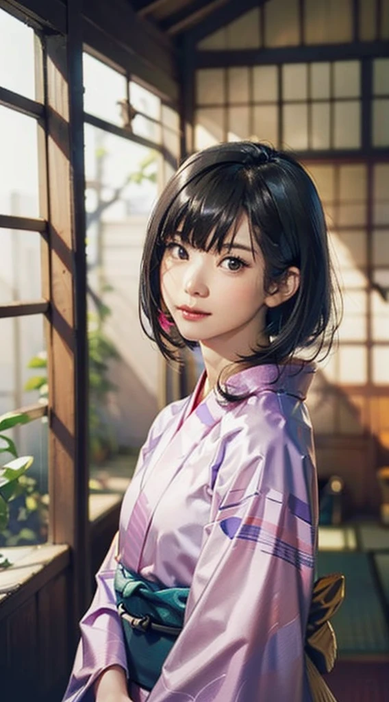 (Realistic)、(Realistic:1.2)、(High resolution)、Very detailed、Very beautiful face and eyes、1 girl、Delicate body、(highest quality、Attention to detail、Rich skin detail)、(highest quality、8k、Oil paint:1.2)、Very detailed、(Realistic、Realistic:1.37)、Bright colors、Full Body Shot,black_hair, Beautiful 8k eyes,Looking_in_Audience,One person in,Are standing,((Very beautiful woman, Fuller lips, Japanese pintern kimono))、((Colorful Japanese kimono)))、(((blackhair)))、(((Blunt bung，short hair)))、((( Inside an old Japanese house with a (short focus :1.4),)))、(masterpiece, highest quality, highest quality, Official Art, beautifully、aesthetic:1.2),(Fractal Art:1.3),Sengoku period、Greg Rutkowski Written by Alphonse Mucha Ropp,short ,uchikake,nishijin ori,(realistic light and shadow), (real and delicate background),(muted colors, dim colors, soothing tones:1.3), low saturation, (hyperdetailed:1.2), (noir:0.4),drow,blurry_light_background, (vibrant color:1.2), cinematic lighting, ambient lighting,Single Shot,Shallow Focus,pink lip,blurry light background,