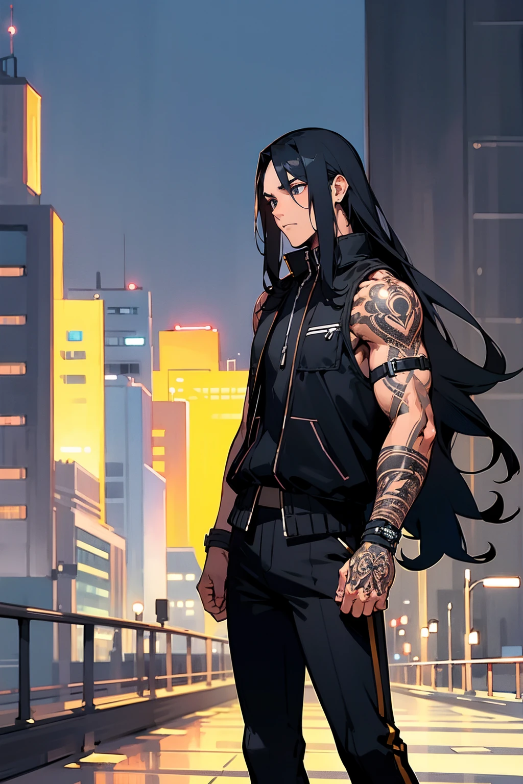 1male, black long hair, expressionless, sleeveless jacket, black pants, arm tattoos, city background, detailed background, hands to side, standing on path