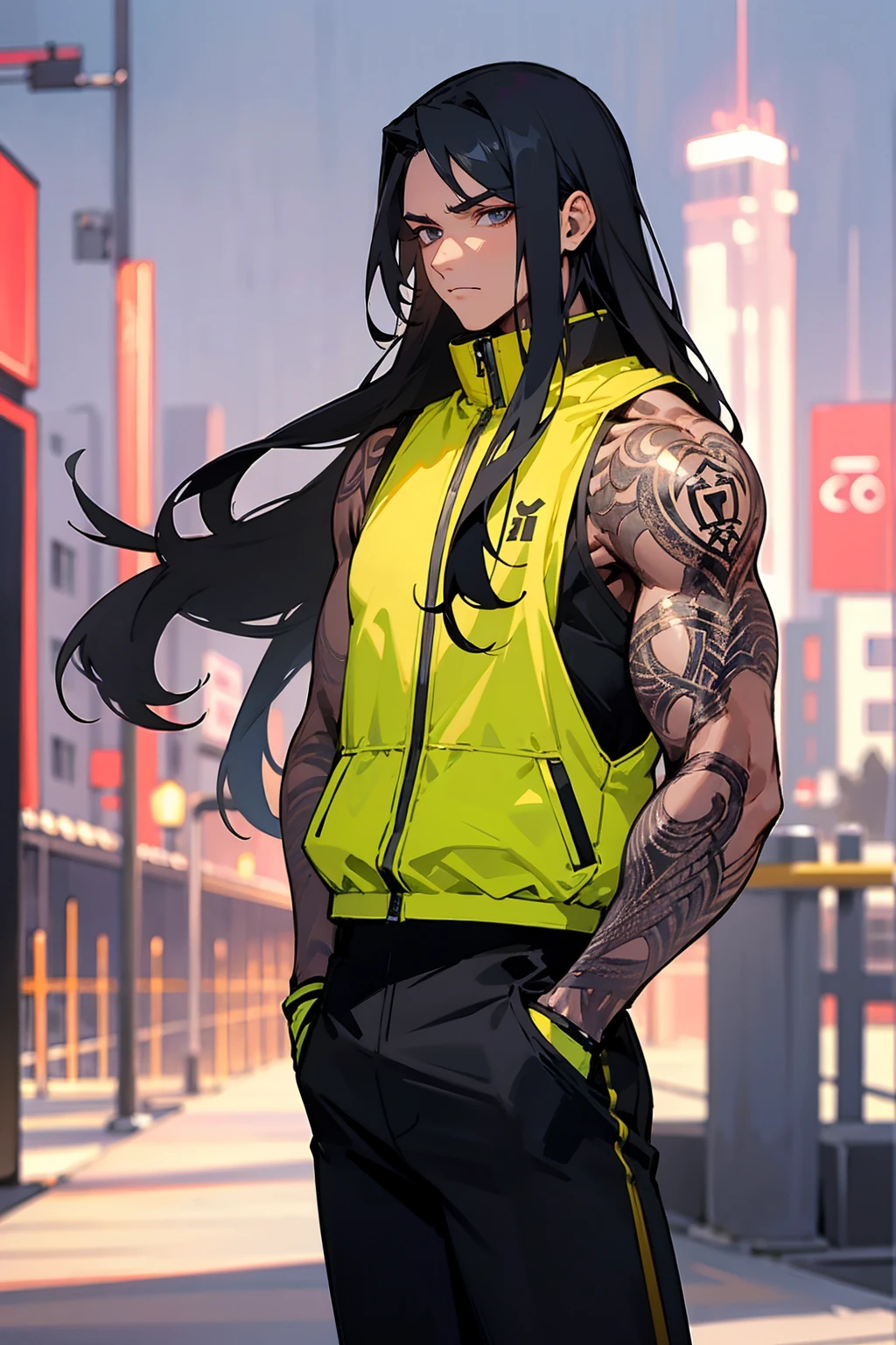 1male, black long hair, expressionless, sleeveless jacket, black pants, arm tattoos, city background, detailed background, hands to side, standing on path