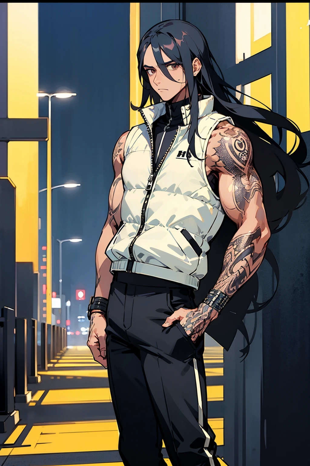 1male, black long hair, expressionless, sleeveless jacket, black pants, arm tattoos, city background, detailed background, hands to side, standing on path