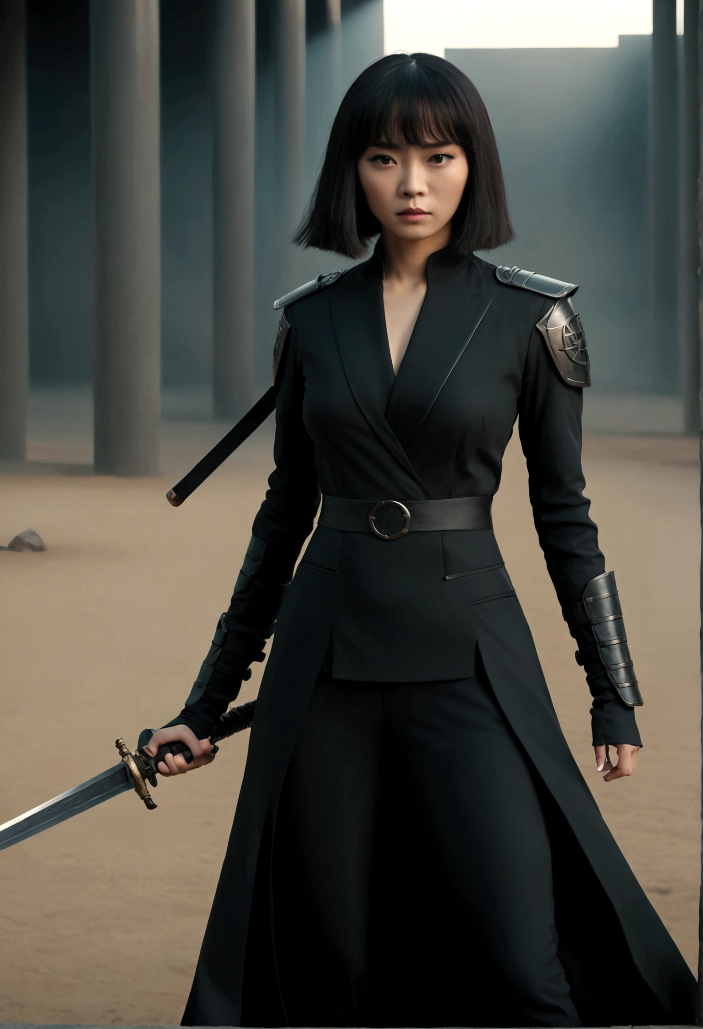 Beautiful Chinese woman in a black suit, holds a sword, full body cinematic shot, "modern superhero costume", Chinese woman with bangs, bold character, Kind, Brave, on the battlefield, DC вселенная