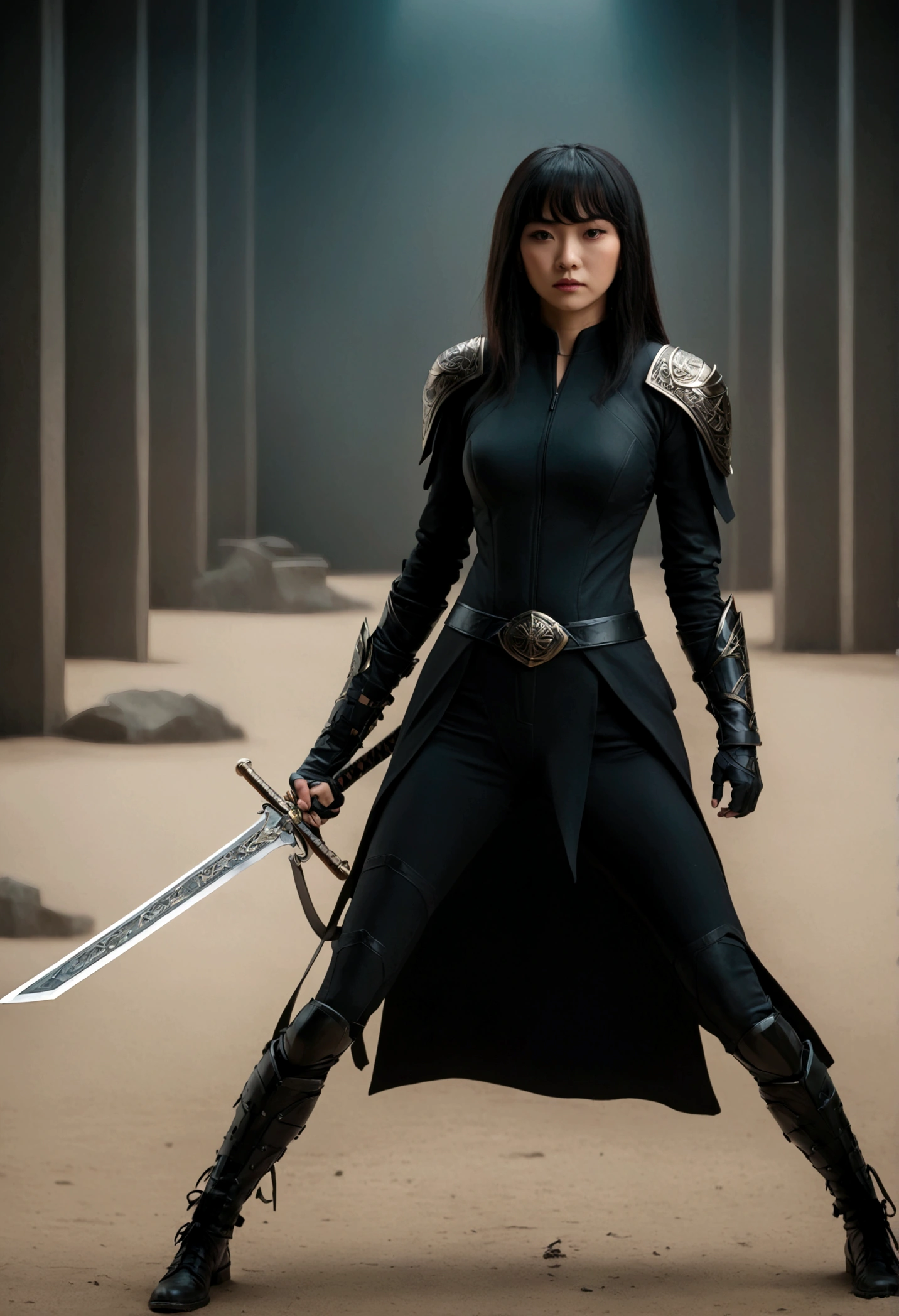 Beautiful Chinese woman in a black suit, holds a sword, full body cinematic shot, "modern superhero costume", Chinese woman with bangs, bold character, Kind, Brave, on the battlefield, DC вселенная