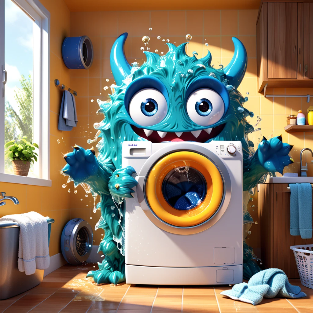 A cute washing machine monster with big eyes and a bubbly personality, happily washing clothes with a splash. The character is designed in the style of Pixar animation, featuring a joyful expression and vibrant colors, making laundry fun. --ar 1:1 --v 6.0 --3D render