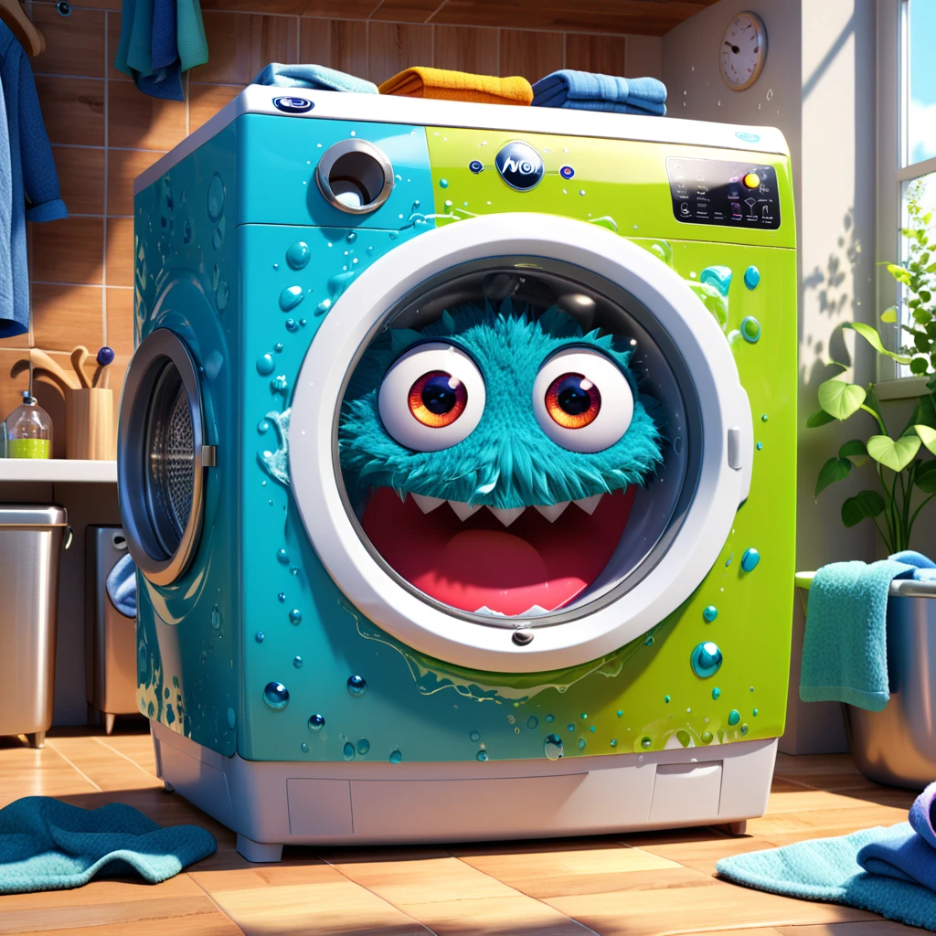A cute washing machine monster with big eyes and a bubbly personality, happily washing clothes with a splash. The character is designed in the style of Pixar animation, featuring a joyful expression and vibrant colors, making laundry fun. --ar 1:1 --v 6.0 --3D render