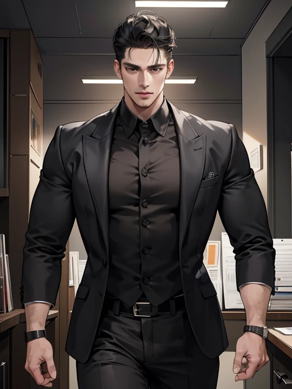 (best quality, masterpiece, 8K, photorealistic, cinematic lighting, hdr image, ultra detailed, beautiful image), 1 man, 31 years old, mature man, very handsome, (without expression, serious), short black hair, black eyes ( penetrating gaze), imposing posture, businessman, office background