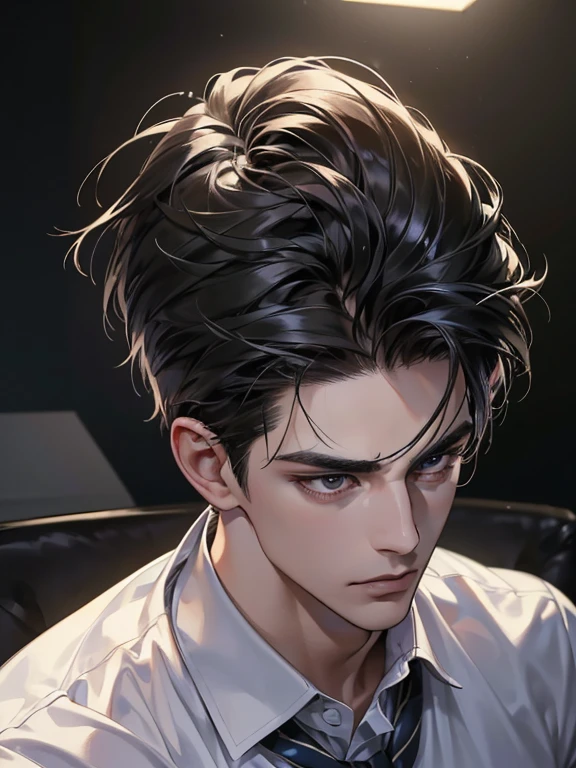 (best quality, masterpiece, 8K, photorealistic, cinematic lighting, hdr image, ultra detailed, beautiful image), 1 man, 31 years old, mature man, very handsome, (without expression, serious), short black hair, black eyes ( penetrating gaze), imposing posture, businessman, office background