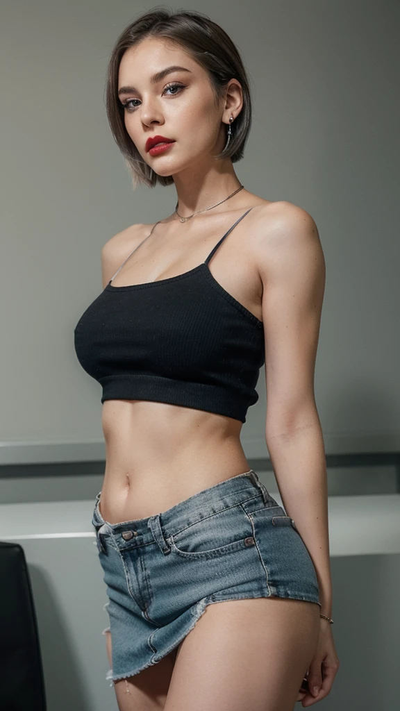 Create an image of a 25-year-old woman with a defiant attitude. She has short, bob-cut silver hair and striking blue eyes. She wears round-framed sunglasses and exudes a confident, almost rebellious aura. Her outfit consists of a white off-shoulder shirt that contrasts sharply with her black mini-skirt. Her makeup is bold, with red eyeshadow accentuating her eyes, a touch of pale red blush on her cheeks, and striking rouge lipstick on her lips. She sports small, round silver earrings. Ensure her stance and expression convey a sense of unapologetic confidence, as if she’s ready to challenge anyone who crosses her path. She should appear self-assured, with a slight smirk and a piercing gaze that suggests she’s not easily intimidated. Her overall look should be chic yet edgy, embodying a strong, modern woman who is unafraid to stand out and assert herself.

This prompt captures the physical description and adds the attitude you specified, providing clear details for an AI image generator to work from.