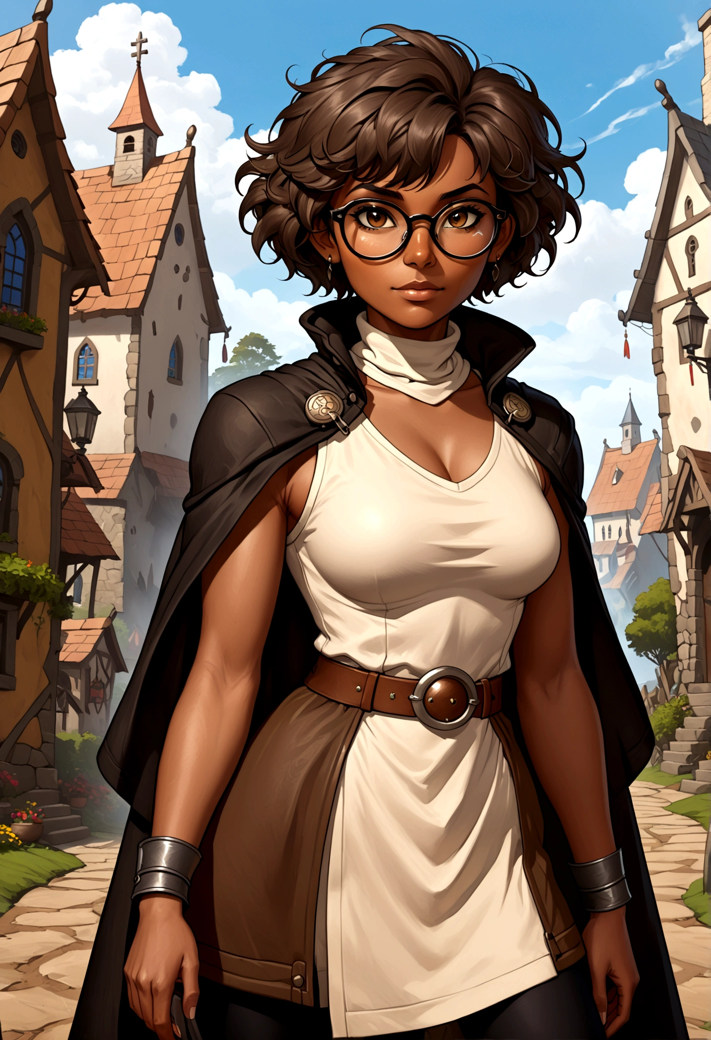 Solo, female, turtleneck tunic, cloak, fantasy outfit, fantasy village, short hair, wavy hair, messy hair, ((dark tan skin)), glasses, cleric, cropped jacket, athletic, slightmuscle