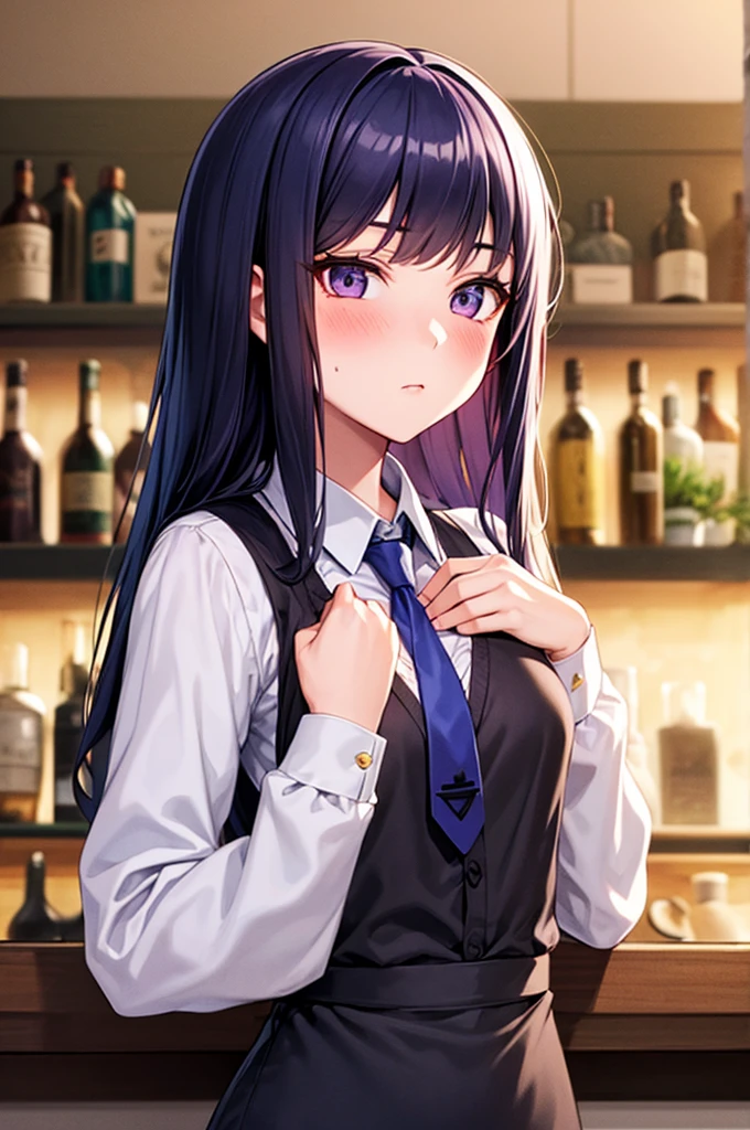 One girl, alone, bangs, blush, Place your hand on your chest, Jill Stingray, Long sleeve, View your viewers, Purple Hair, Medium chest, tie, shirt, alone, Upper Body, Best, bartender, Best, white shirt,