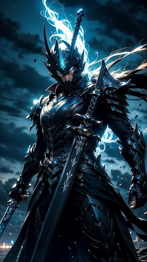 A fierce warrior in full white armor, wearing a large black circle symbol on his chest, wielding a big sword, dynamic battle-ready pose, highly detailed armor textures, sharp sword, dramatic stormy sky background, vivid colors, masterpiece, 8k, photorealistic, chiaroscuro lighting, strong contrast, cinematic composition