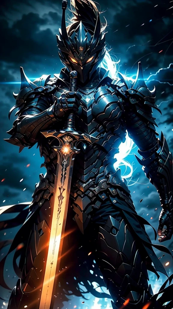 A fierce warrior in full white armor, wearing a large black circle symbol on his chest, wielding a big sword, dynamic battle-ready pose, highly detailed armor textures, sharp sword, dramatic stormy sky background, vivid colors, masterpiece, 8k, photorealistic, chiaroscuro lighting, strong contrast, cinematic composition