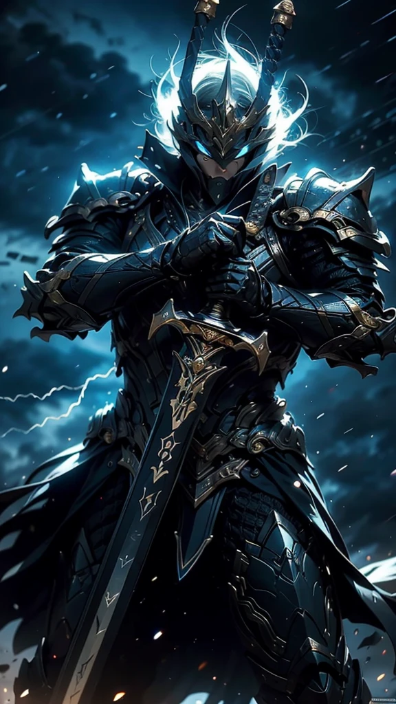 A fierce warrior in full white armor, wearing a large black circle symbol on his chest, wielding a big sword, dynamic battle-ready pose, highly detailed armor textures, sharp sword, dramatic stormy sky background, vivid colors, masterpiece, 8k, photorealistic, chiaroscuro lighting, strong contrast, cinematic composition