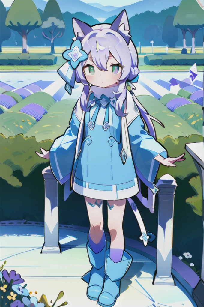 masterpiece, Highest quality,anime colored,alone,Watching the audience, Outdoor,Flower Field,Are standing, Green Eyes, Purple eyes, Green Eyes, White Hair Band, Cat ear,Very long hair, Gray purple hair,hair ornaments,Small breasts, Blue coat,Blue ankle garters, Blue ankle garters, White thigh-high boots, 