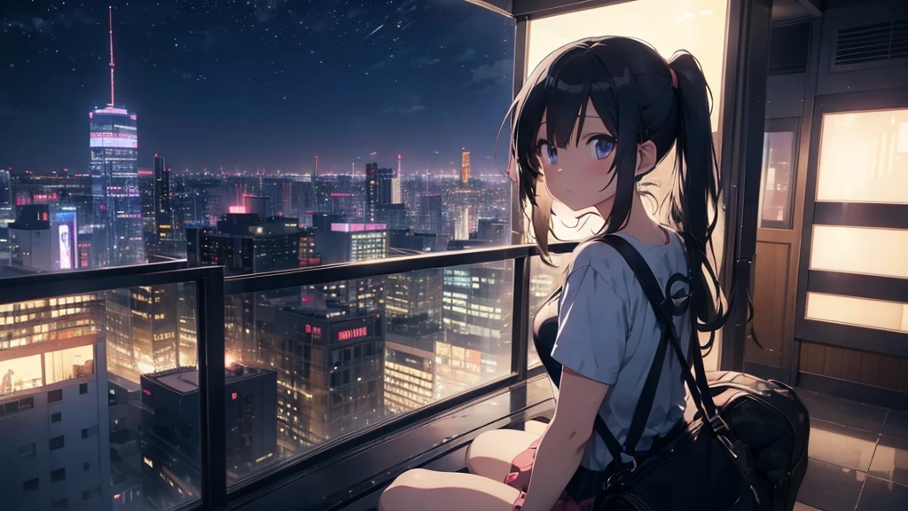 Anime girl listening to music on the rooftop of a skyscraper in the city late at night, Nightcore, lo-fi girl, Anime atmosphere, Lofi art style, Anime Style 4 k, Anime Style. 8k, beautiful Anime Style, pixiv style, Lo-fi feel, Lo-fi art, Lobby atmosphere, Anime Aesthetics, Lobby atmosphere