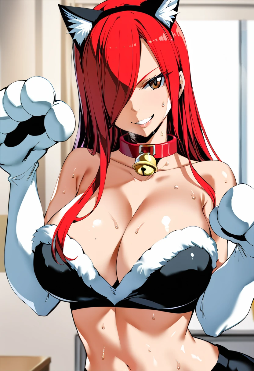 ,Erza, animerza, grin, cat paws, large breasts, fake animal ears, cat ears, paw gloves, , bare shoulders, looking at viewer, collarbone, brown eyes, smile, neck bell, paw pose, animal hands, collar, hair over one eye, cleavage, upper body, red hair, long hair,, 1girl ,masterpiece, best quality, room, indoors, belly, navel, armpits, sweaty armpits