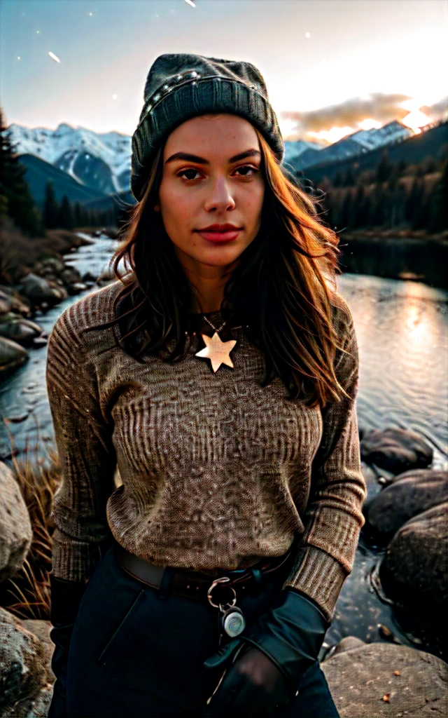 1 woman ((upper body selfie, happy)), masterpiece, best quality, ultra-detailed, solo, outdoors, (night), mountains, nature, (stars, moon) cheerful, happy, backpack, sleeping bag, camping stove, water bottle, mountain boots, gloves, sweater, hat, flashlight, forest, rocks, river, wood, smoke, shadows, contrast, clear sky, analog style (look at viewer:1.2) (skin texture) (film grain:1.3), (warm hue, warm tone:1.2), close up, cinematic light, sidelighting, ultra high res, best shadow, RAW, upper body, wearing pullover