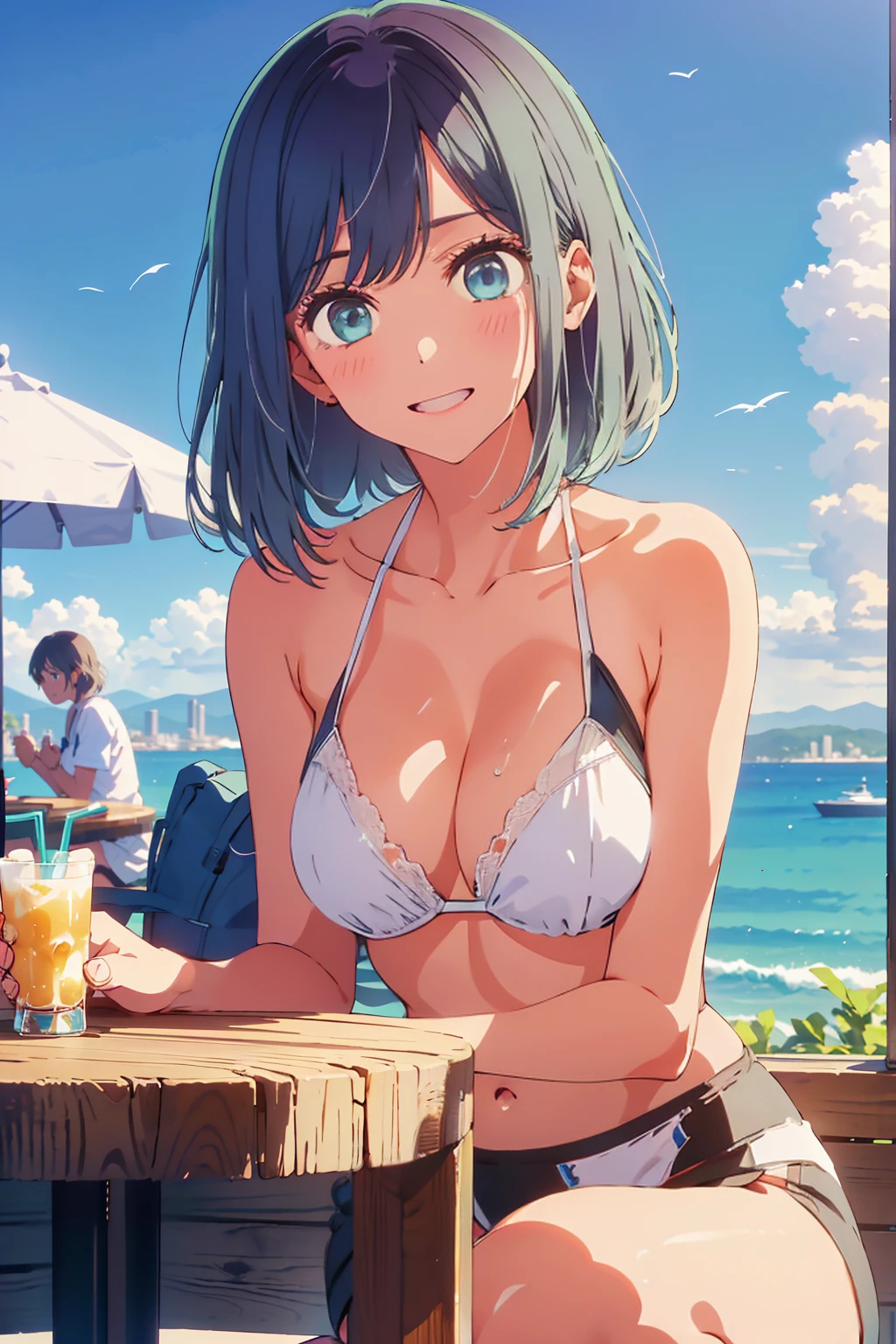 Highest quality,8k,detailed,F cup bust、Big Breasts、Very cute face、Slim and beautiful arms、Slim body、Very white beautiful skin、((((1 person、looking at the camera、smile、Thin white bikini、smile、sit、In the background are the urban buildings of Tokyo、Outdoor café terrace、Drink juice、Cheek resting on hand、coastal、table))))、I can see the deep blue sky、She tilted her head slightly、The atmosphere is bright and lively、The woman is at the center of the image。