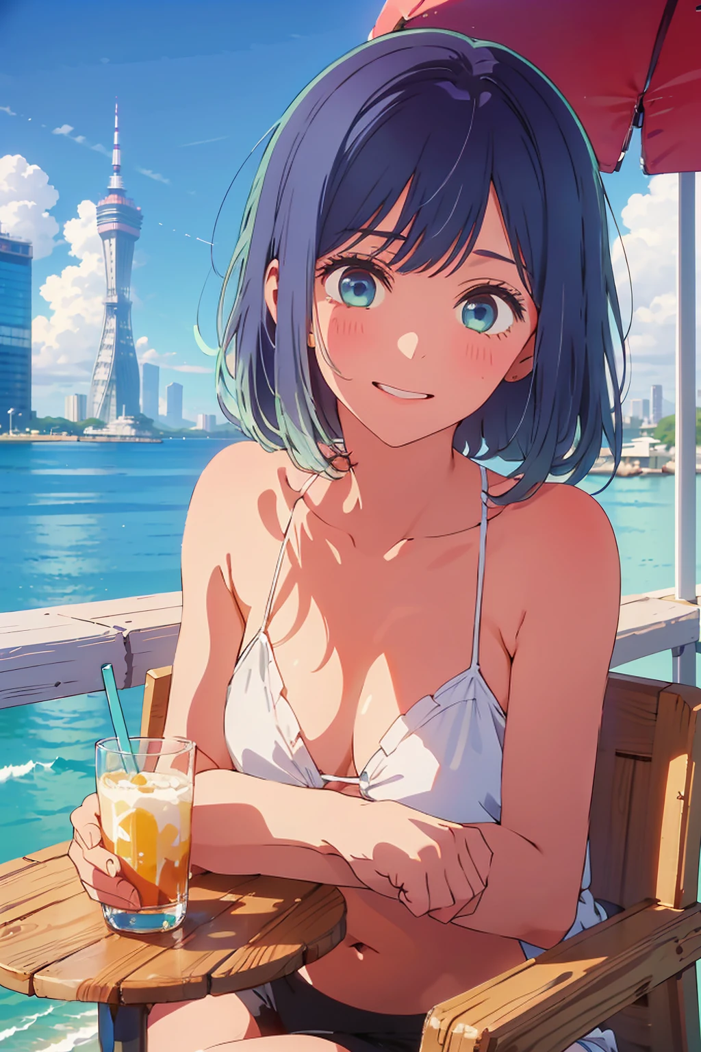 Highest quality,8k,detailed,F cup bust、、Very cute face、Slim and beautiful arms、Slim body、Very white beautiful skin、((((1 person、looking at the camera、smile、Thin white bikini、smile、sit、In the background are the urban buildings of Tokyo、Outdoor café terrace、Drink juice、Cheek resting on hand、coastal、table))))、I can see the deep blue sky、She tilted her head slightly、The atmosphere is bright and lively、The woman is at the center of the image。