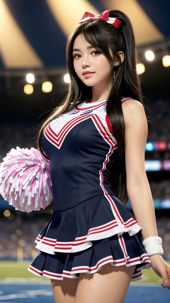 "((Highest quality)), ((masterpiece)), (detailed), Perfect Face, masterpiece, Best Quality, Illustration, Ultra-detailed, finely detail, high resolution, 8K Wallpaper, Perfect dynamic composition, Beautiful detailed eyes. A young woman with semi-long black hair is wearing a cheerleader costume. She is standing in a stadium with a large crowd and bright lights. She is posing with one hand on her hip and the other holding pom-poms high in the air. The camera angle is from a low angle, using a wide focal length to capture her full figure and the expansive stadium."