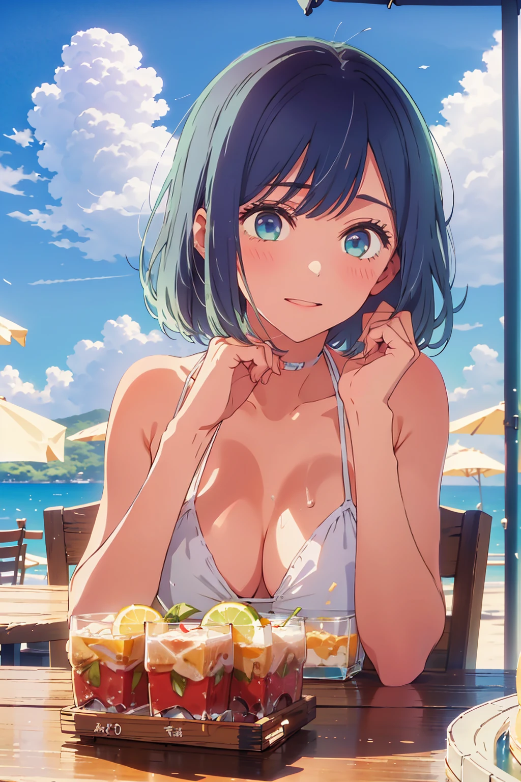 Highest quality,8k,detailed,F cup bust、Big Breasts、Very cute face、Slim and beautiful arms、Slim body、Very white beautiful skin、((((1 person、looking at the camera、smile、Thin white bikini、smile、sit、In the background are the urban buildings of Tokyo、Outdoor café terrace、Drink juice、Cheek resting on hand、coastal、table))))、I can see the deep blue sky、She tilted her head slightly、The atmosphere is bright and lively、The woman is at the center of the image。